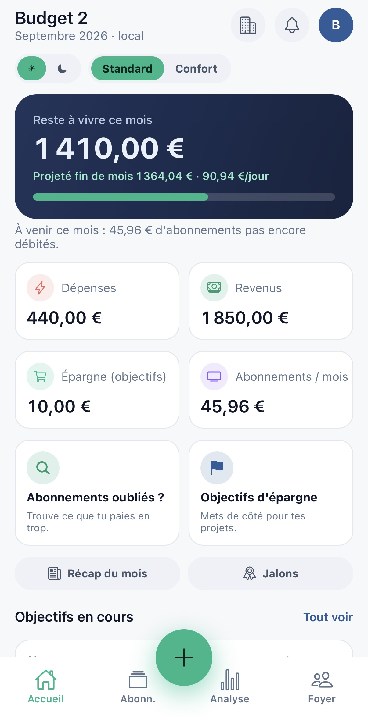 Écran Accueil : reste à vivre 1 410 euros ce mois, dépenses et revenus