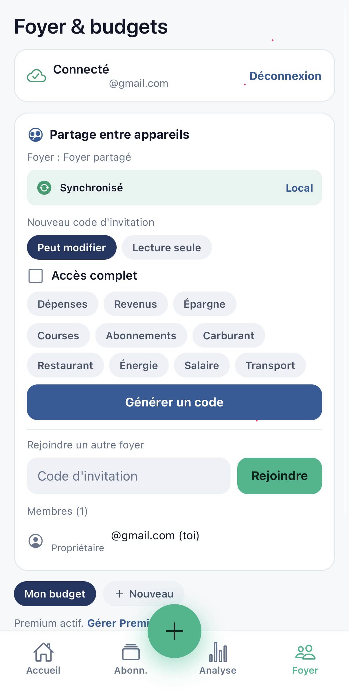Écran Foyer : synchronisation entre appareils et partage par code
